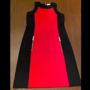 EUC Michael Kors NWOT Dress Sz S Holiday red black gold zip sleeveless straight